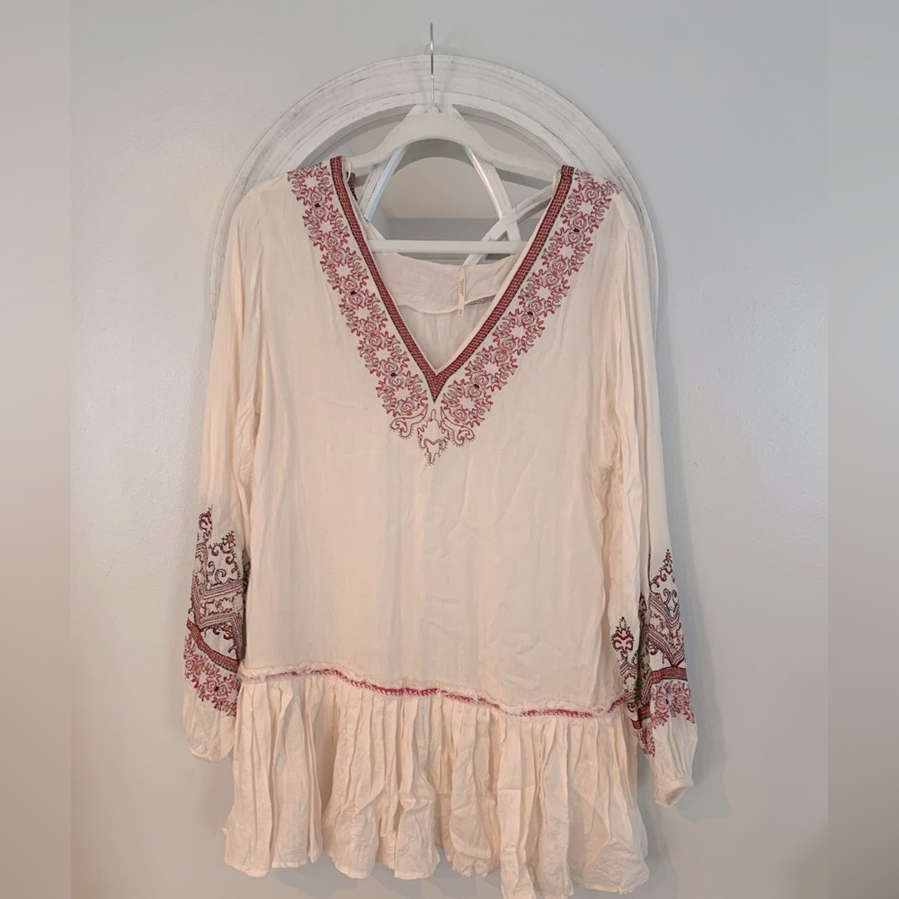 Free People- Embroidered Cream and Red Women's Dress